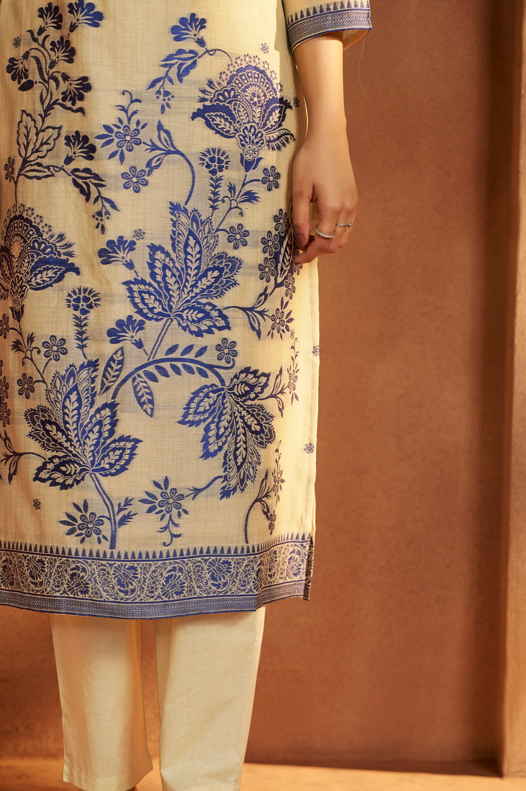 Cream Jacquard Art Silk Kurta Set