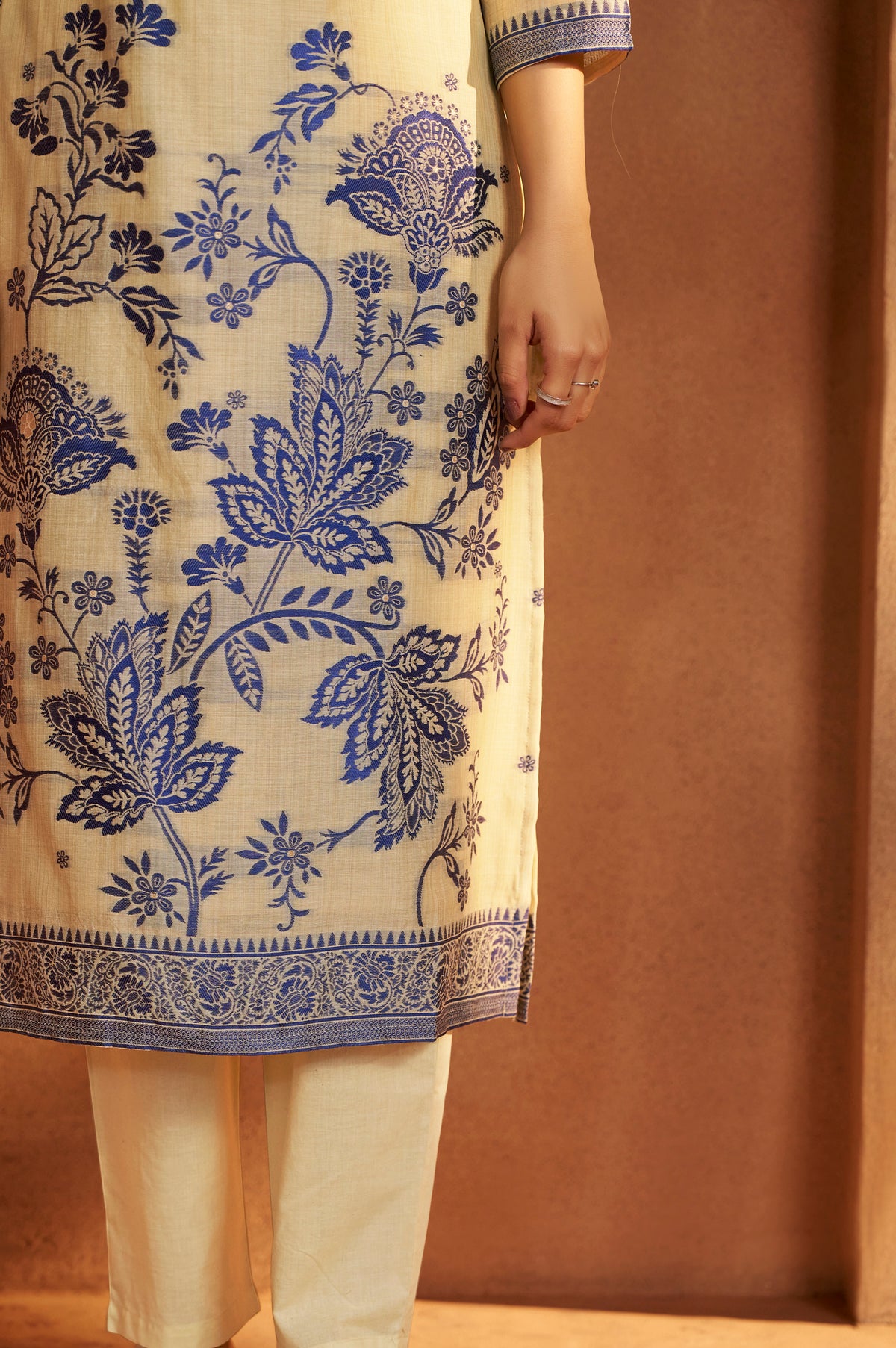 Cream Jacquard Art Silk Kurta Set
