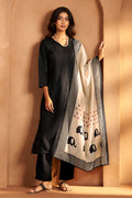 Black cotton calf-length kurta set with matching pants and elephant print dupatta for women