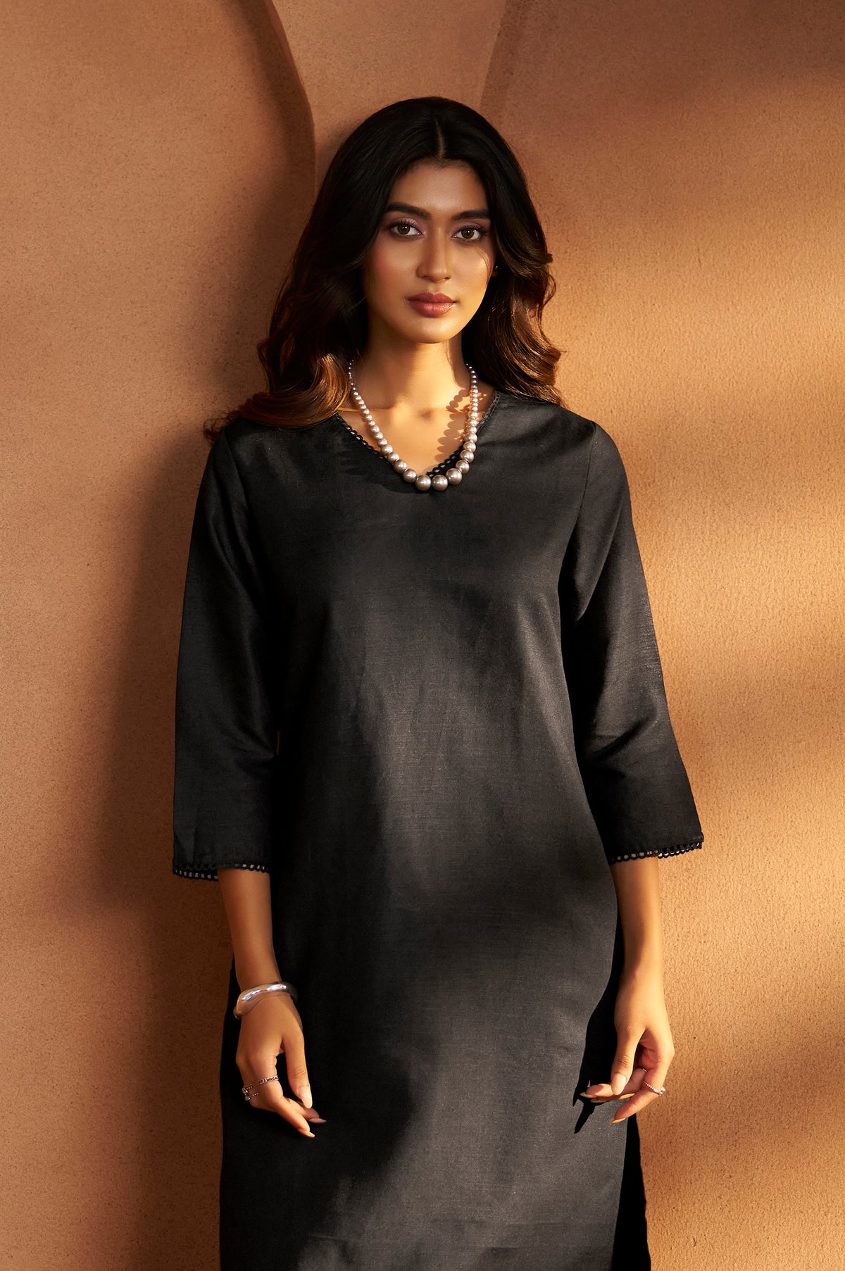 Black Cotton Calf-Length Kurta with Pant