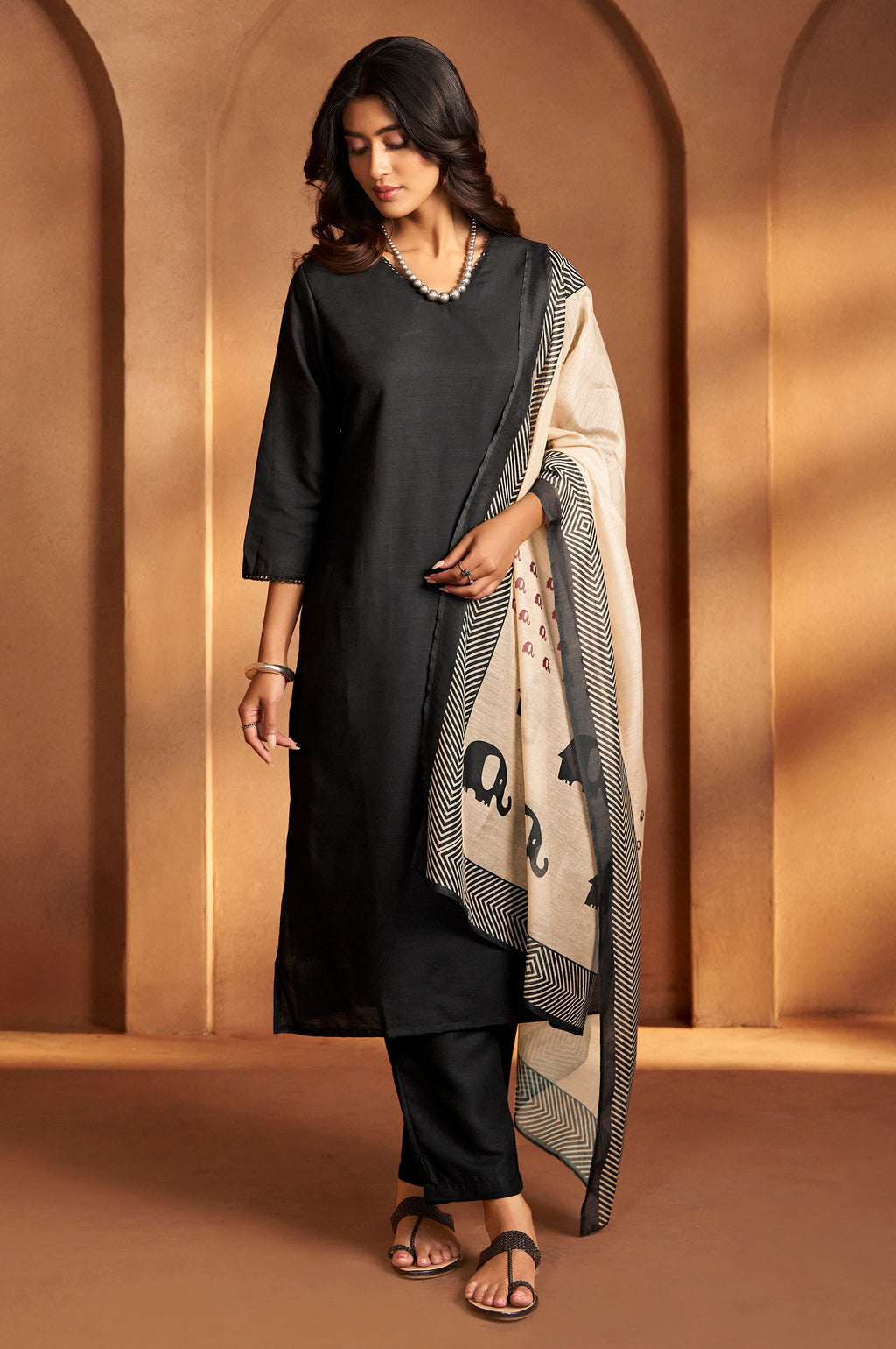 Black Cotton Calf-Length Kurta with Pant