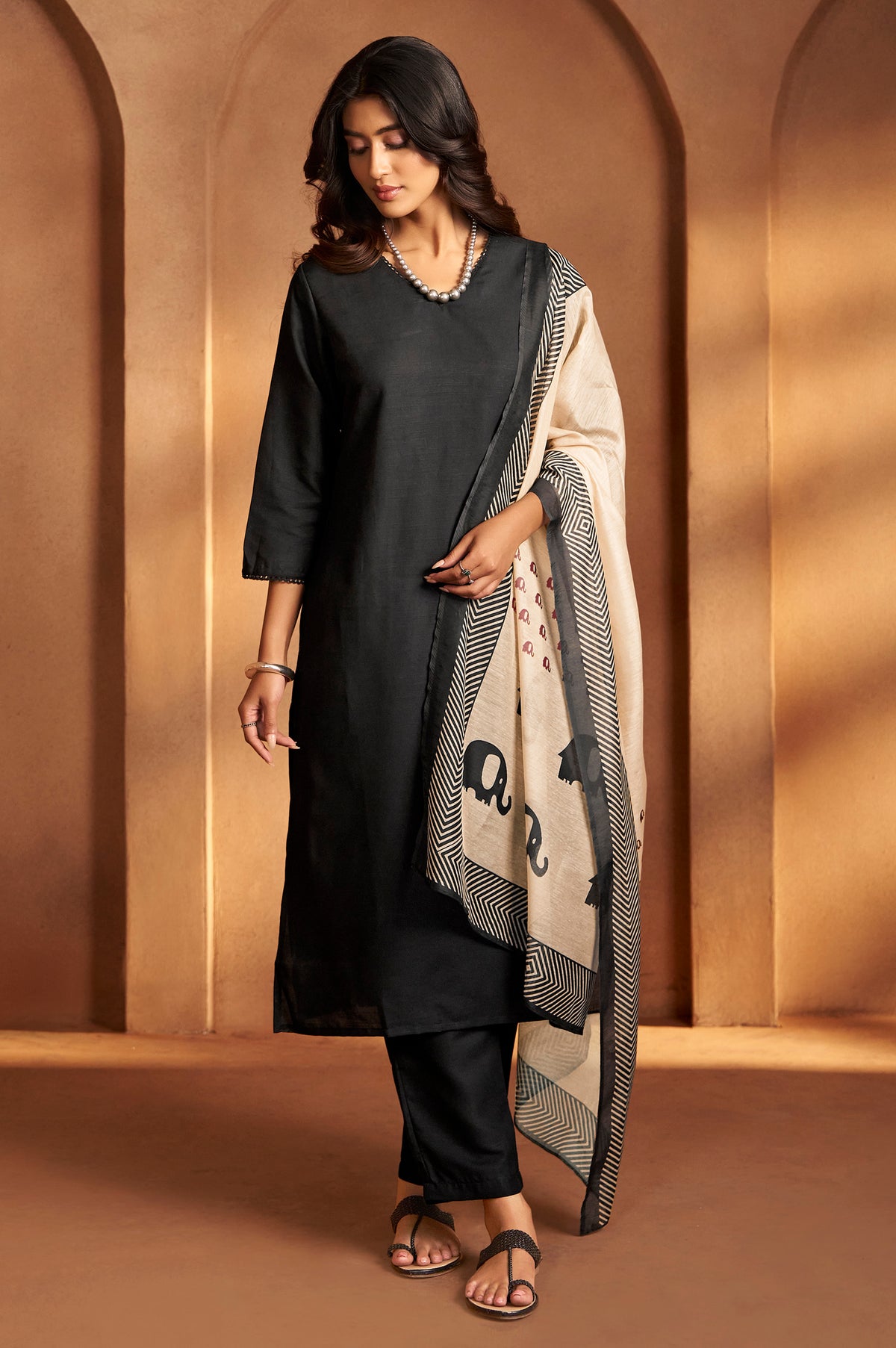 Black Cotton Calf-Length Kurta with Pant