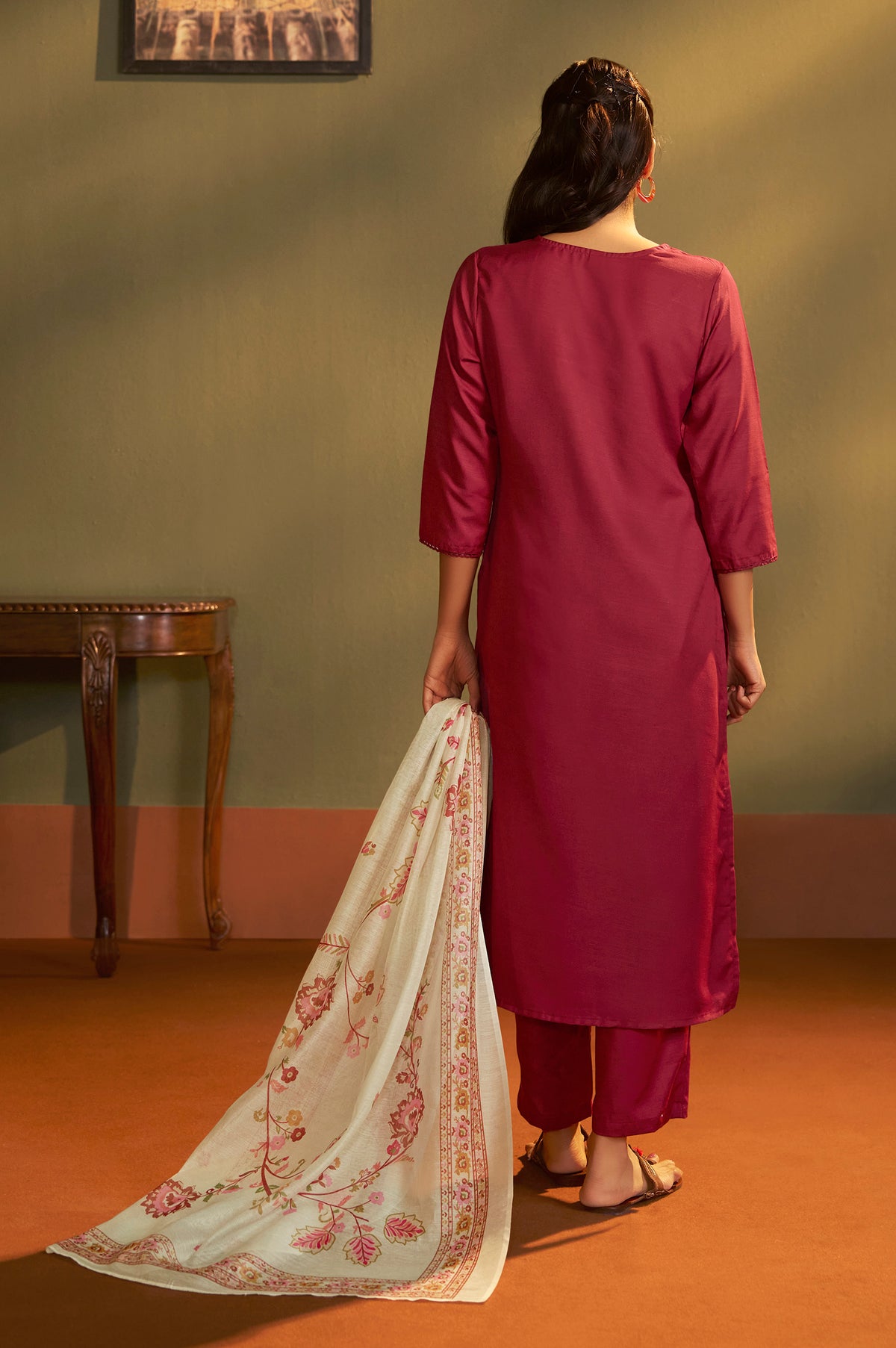 Rust Cotton Calf-Length Kurta with Pant