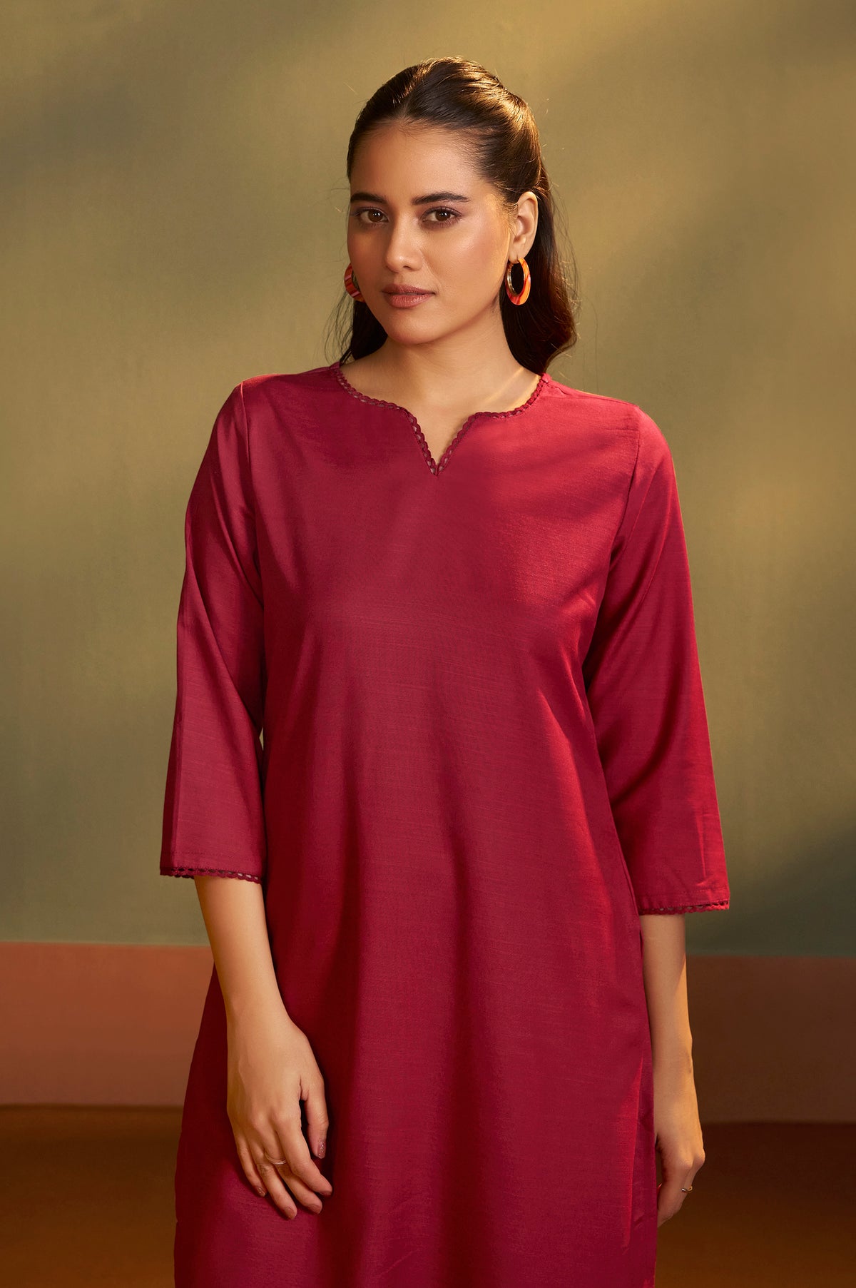 Rust Cotton Calf-Length Kurta with Pant