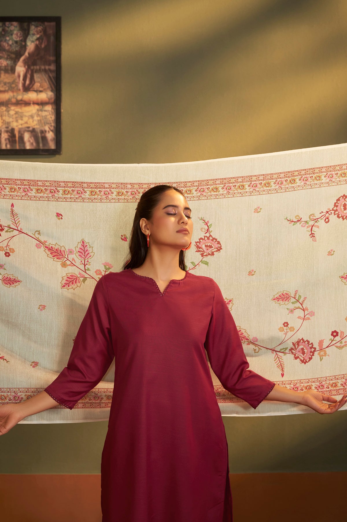 Rust Cotton Calf-Length Kurta with Pant