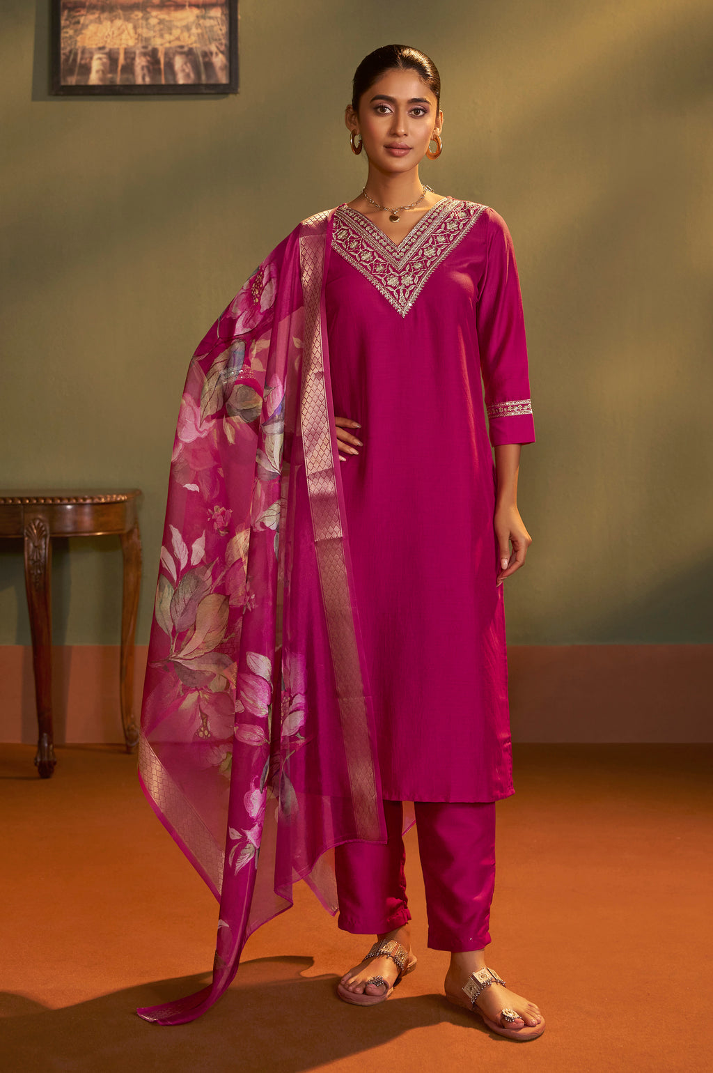 Pink cotton blend embroidered straight kurta set with matching pant and floral dupatta for women