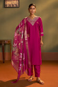 Pink cotton blend embroidered straight kurta set with matching pant and floral dupatta for women