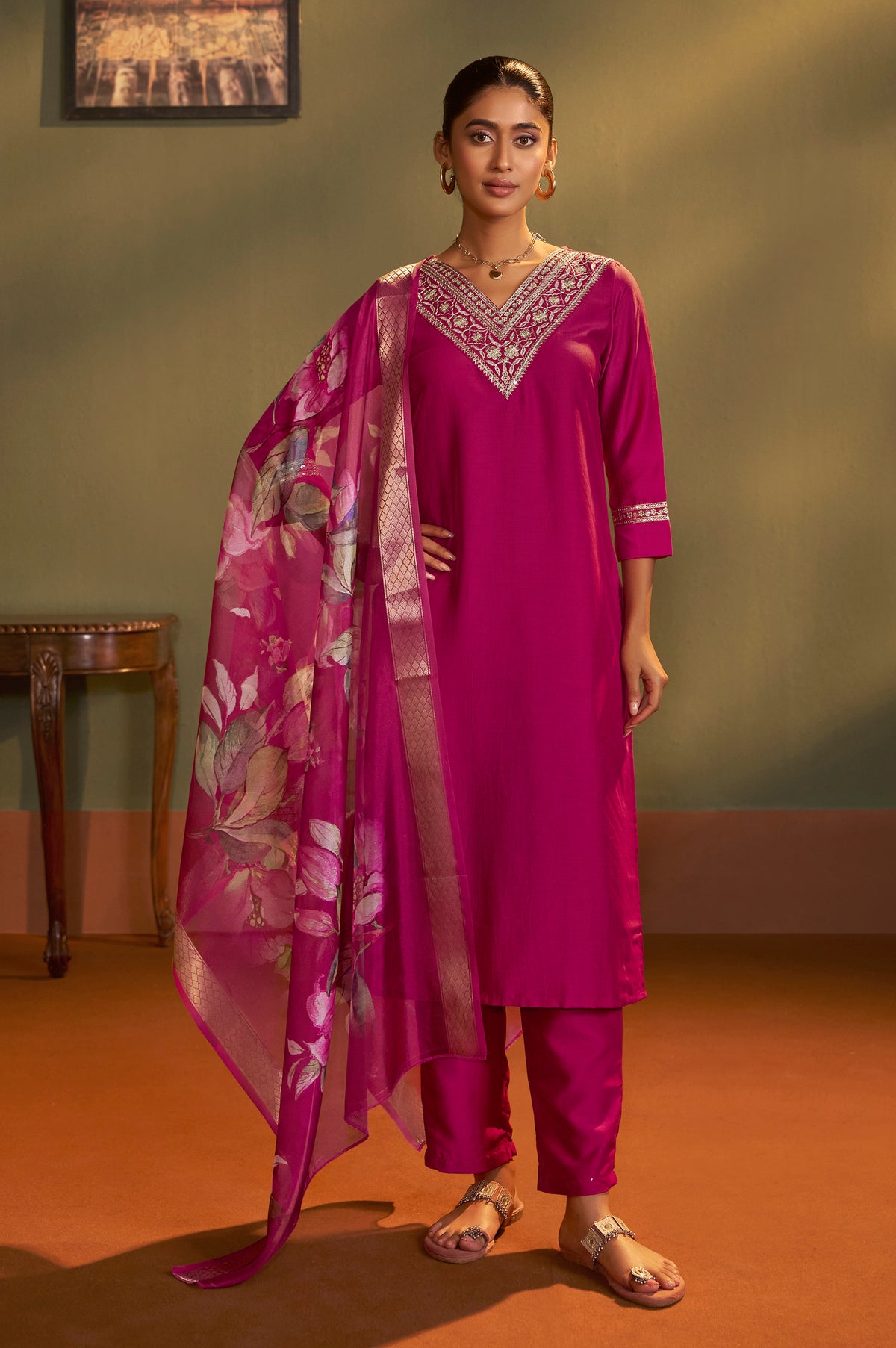 Pink cotton blend embroidered straight kurta set with matching pant and floral dupatta for women