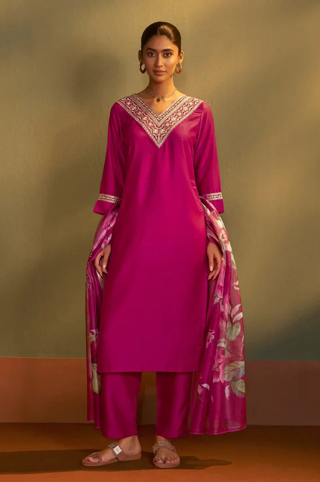 Pink Cotton Blend Embroidered Straight Kurta with Pant