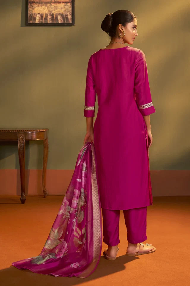 Pink Cotton Blend Embroidered Straight Kurta with Pant