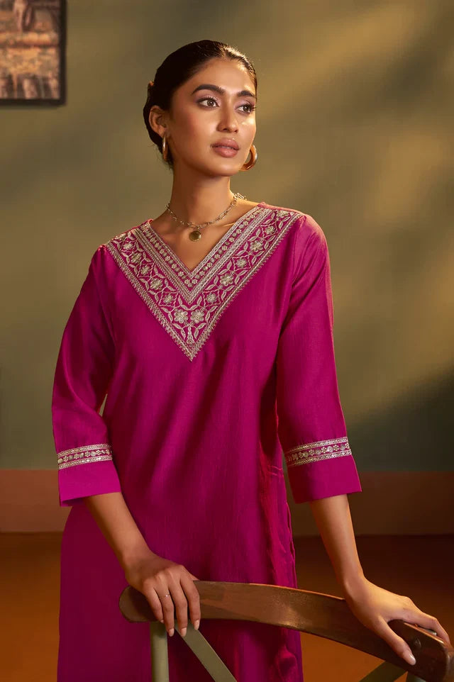 Pink Cotton Blend Embroidered Straight Kurta with Pant
