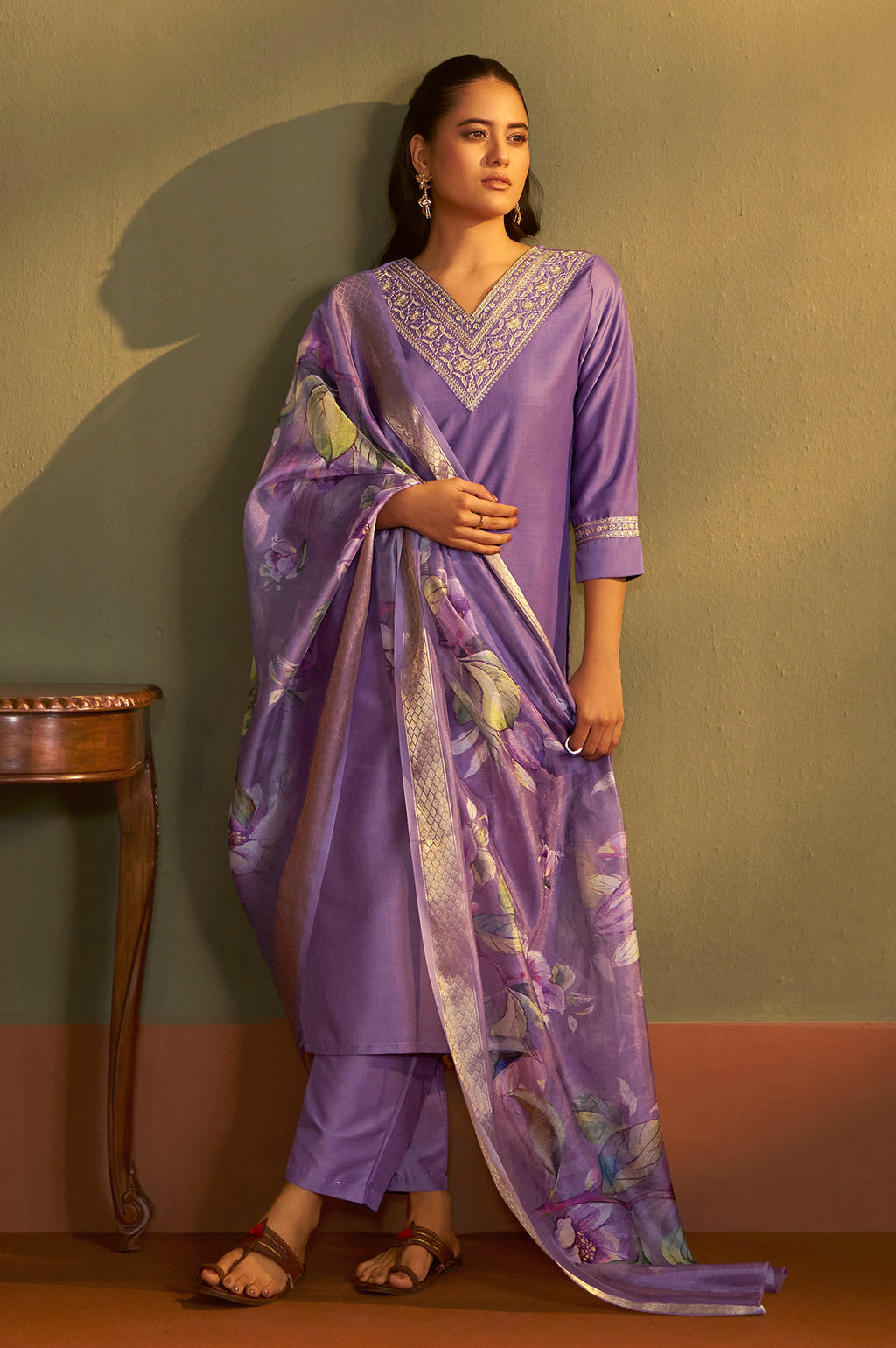Purple cotton blend embroidered straight kurta set with matching pant and floral dupatta for women