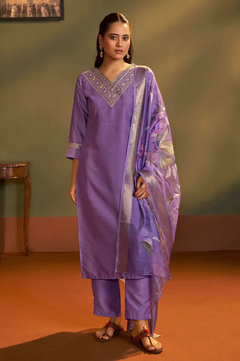 Pink Cotton Blend Embroidered Straight Kurta with Pant