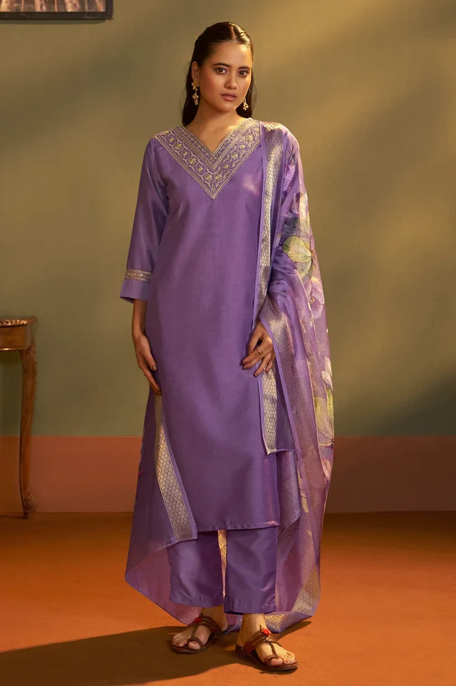 Pink Cotton Blend Embroidered Straight Kurta with Pant