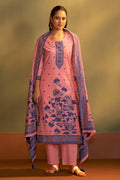 Pink jacquard art silk kurta set with blue floral detailing, matching pant and printed dupatta for women