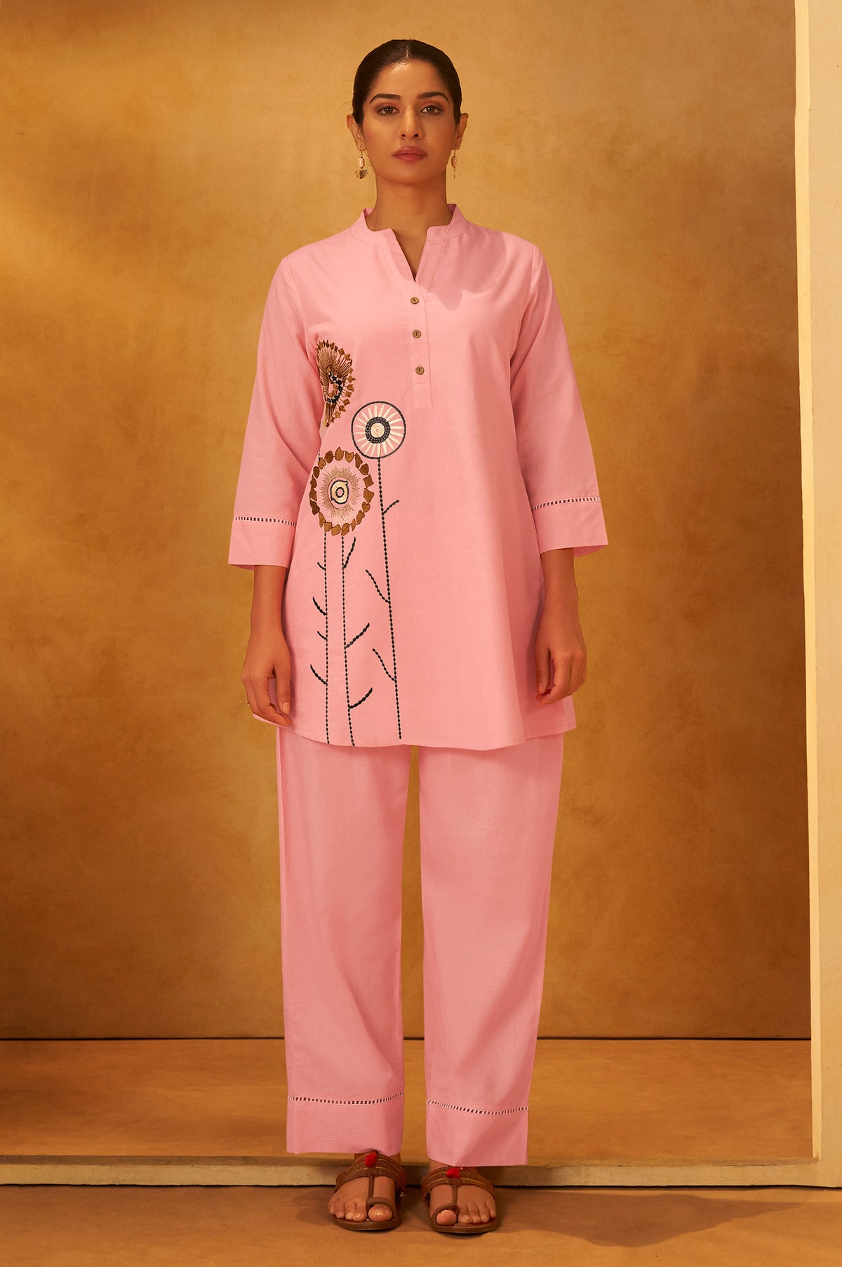 Yellow Pure Cotton Embroidered Straight Kurta Co-Ord Set