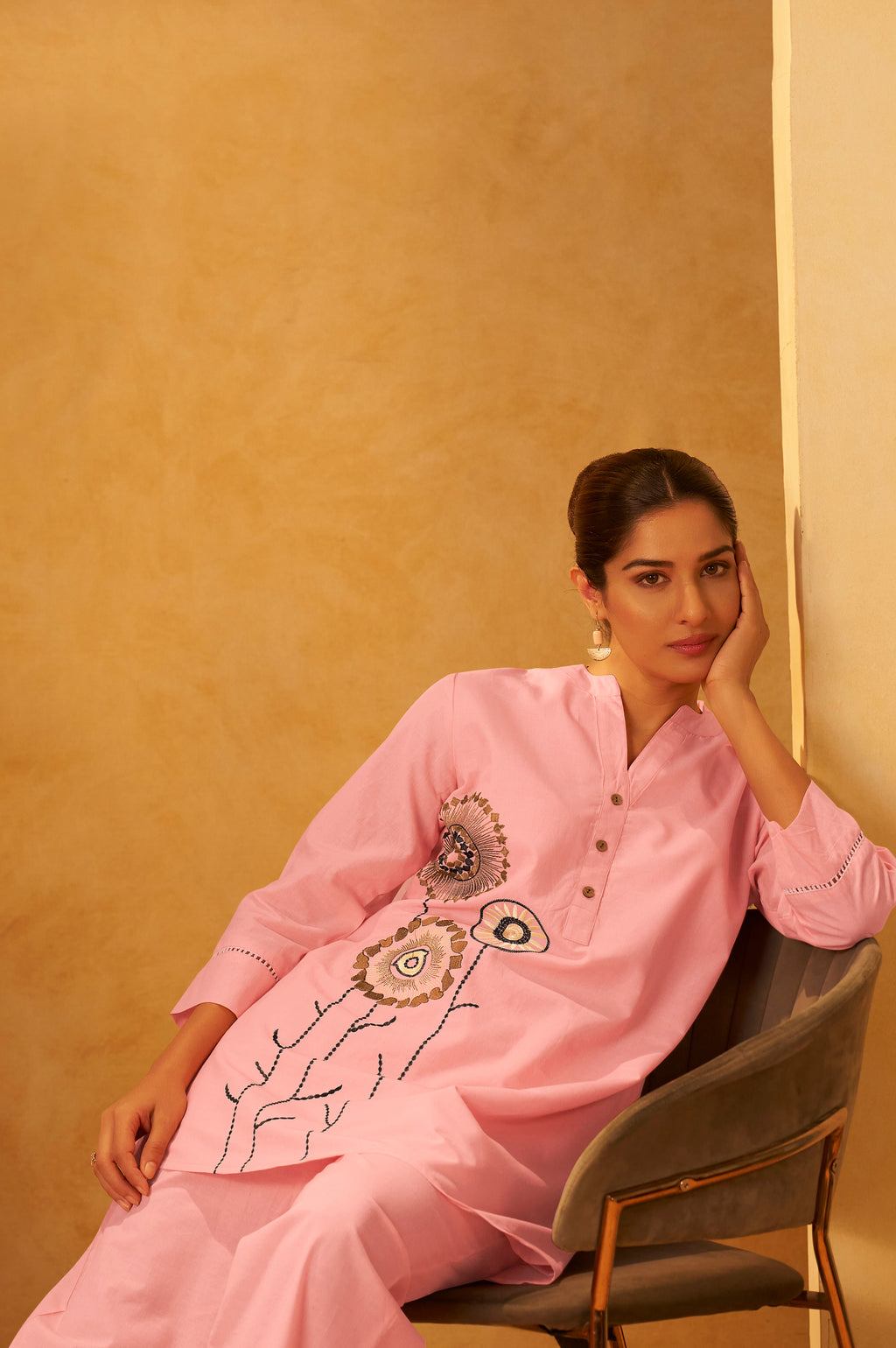 Yellow Pure Cotton Embroidered Straight Kurta Co-Ord Set