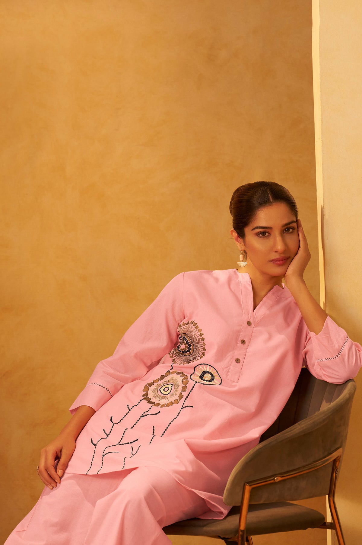 Yellow Pure Cotton Embroidered Straight Kurta Co-Ord Set