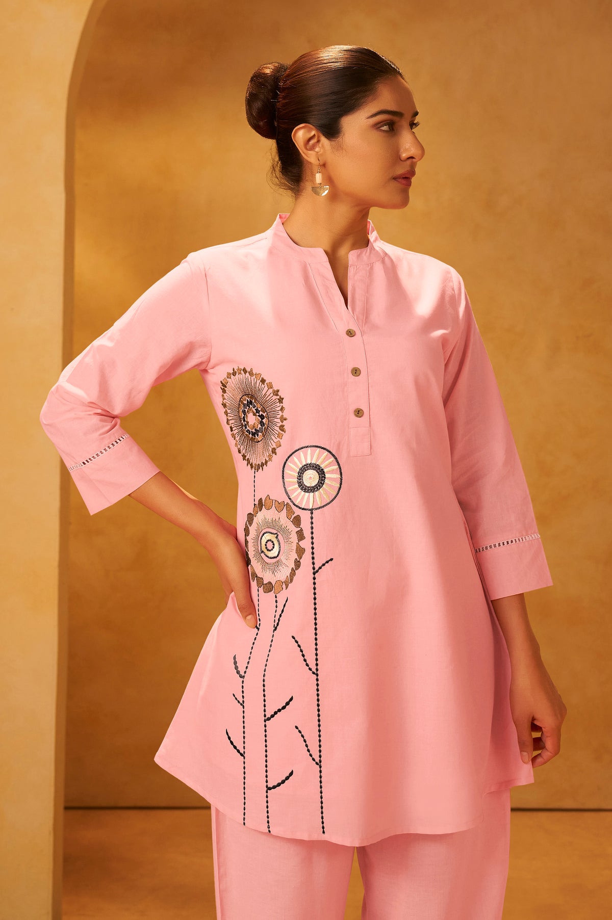 Yellow Pure Cotton Embroidered Straight Kurta Co-Ord Set