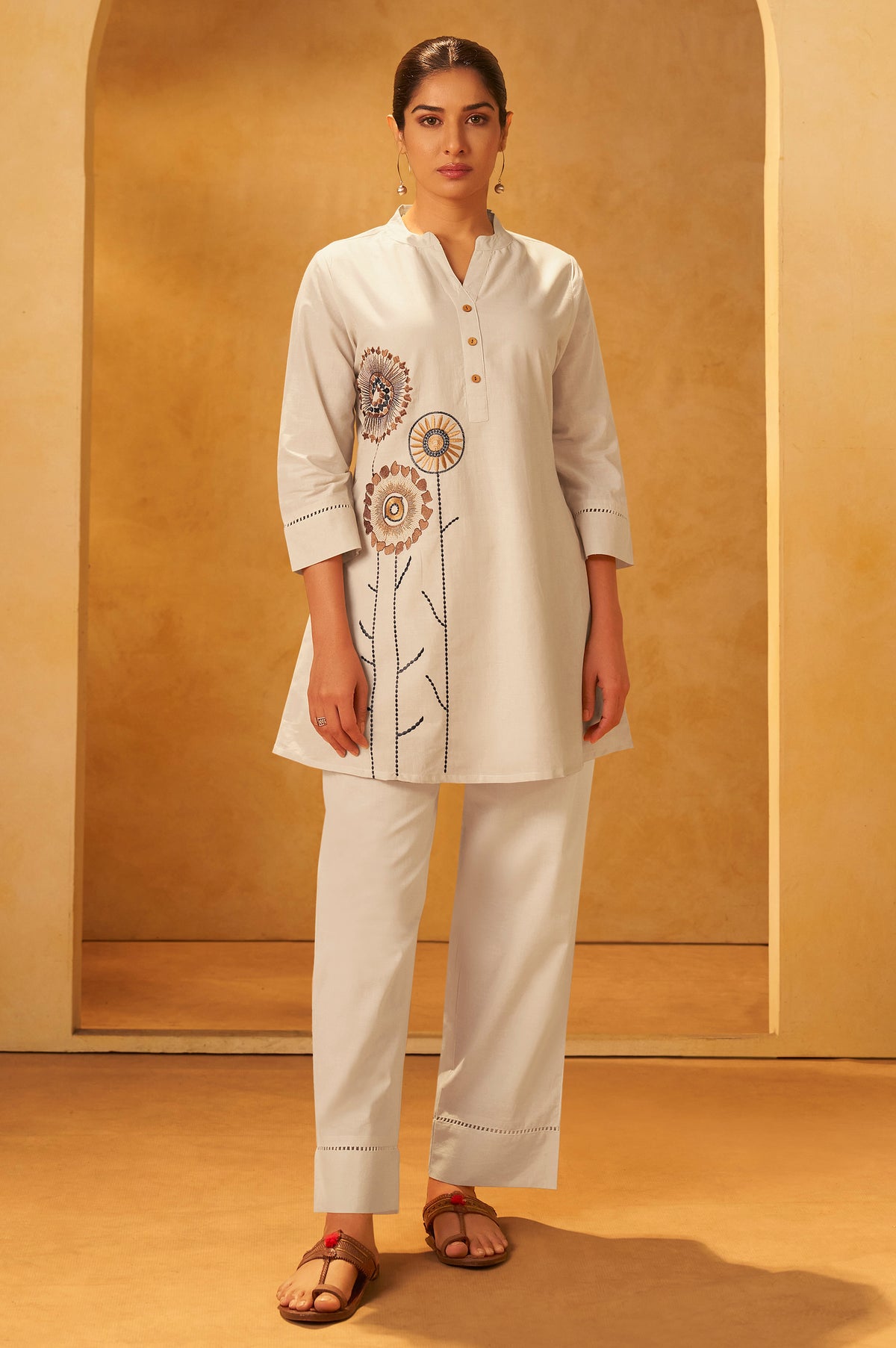 White pure cotton embroidered straight kurta co-ord set for women with floral embroidery and matching pants