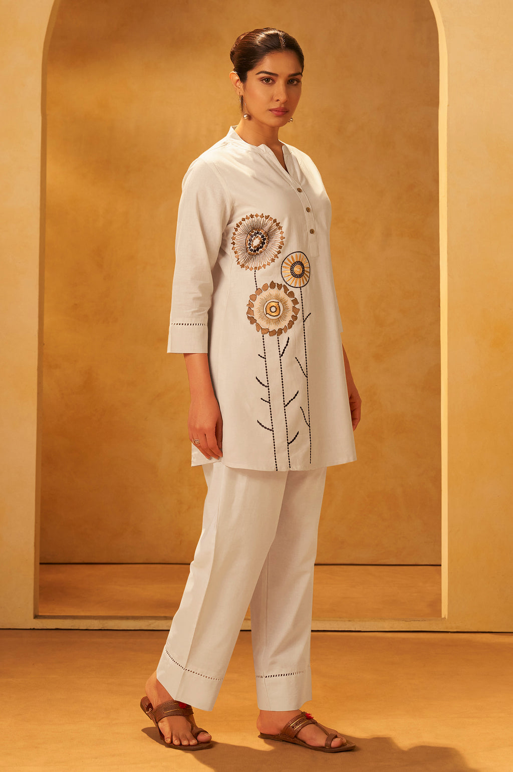 Yellow Pure Cotton Embroidered Straight Kurta Co-Ord Set