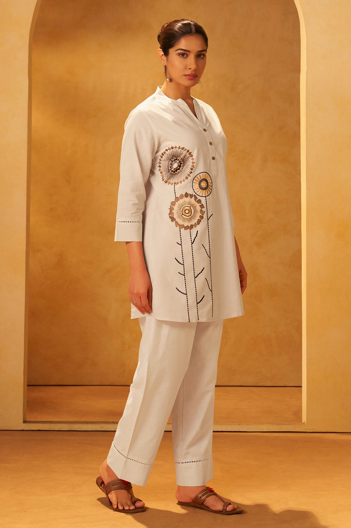Yellow Pure Cotton Embroidered Straight Kurta Co-Ord Set
