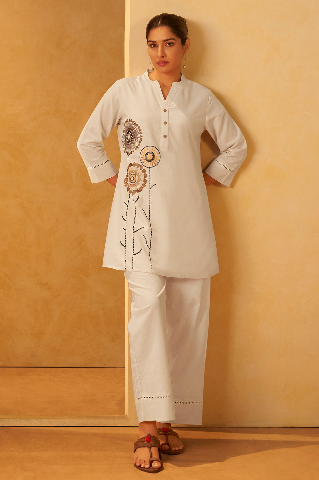 Yellow Pure Cotton Embroidered Straight Kurta Co-Ord Set