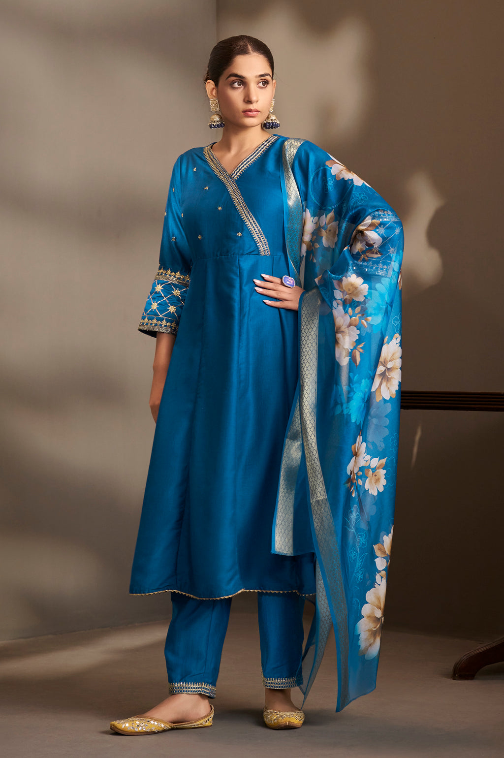 Blue cotton embroidered straight Anarkali kurta set with floral dupatta for women