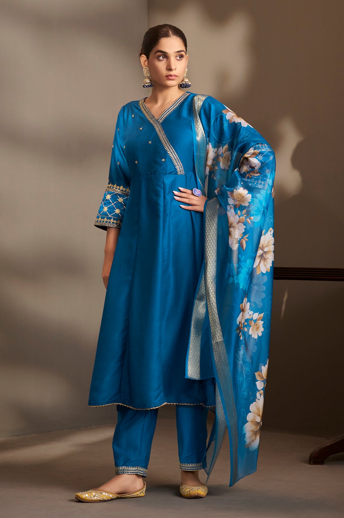 Blue cotton embroidered straight Anarkali kurta set with floral dupatta for women