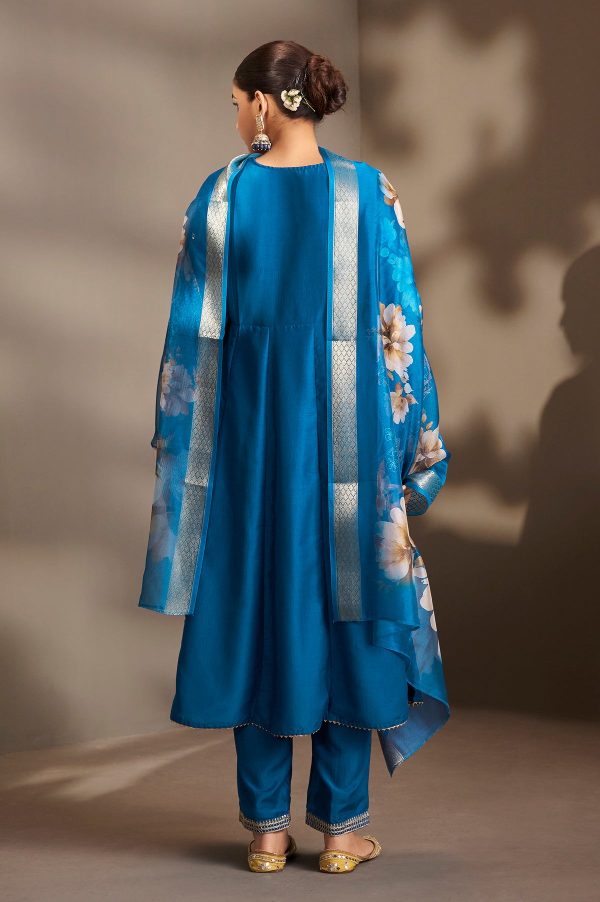 Blue Cotton Embroidered Straight Anarkali Kurta Set