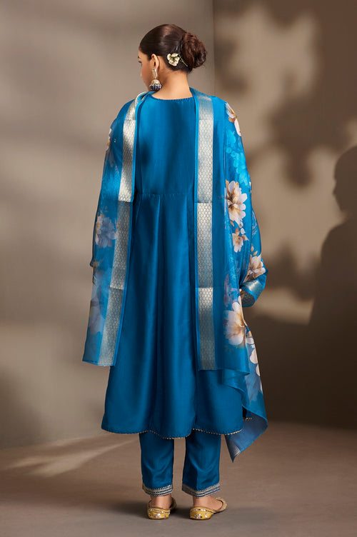 Blue Cotton Embroidered Straight Anarkali Kurta Set