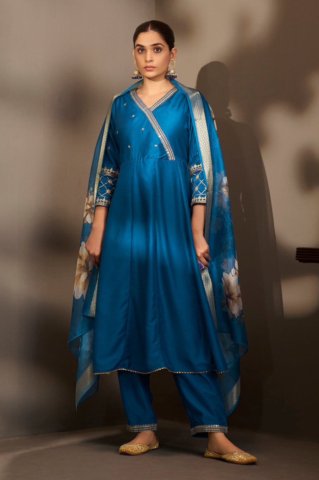 Blue Cotton Embroidered Straight Anarkali Kurta Set
