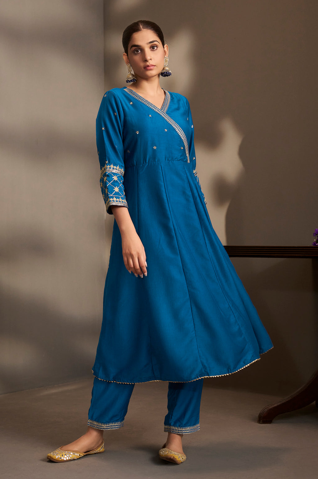 Blue Cotton Embroidered Straight Anarkali Kurta Set