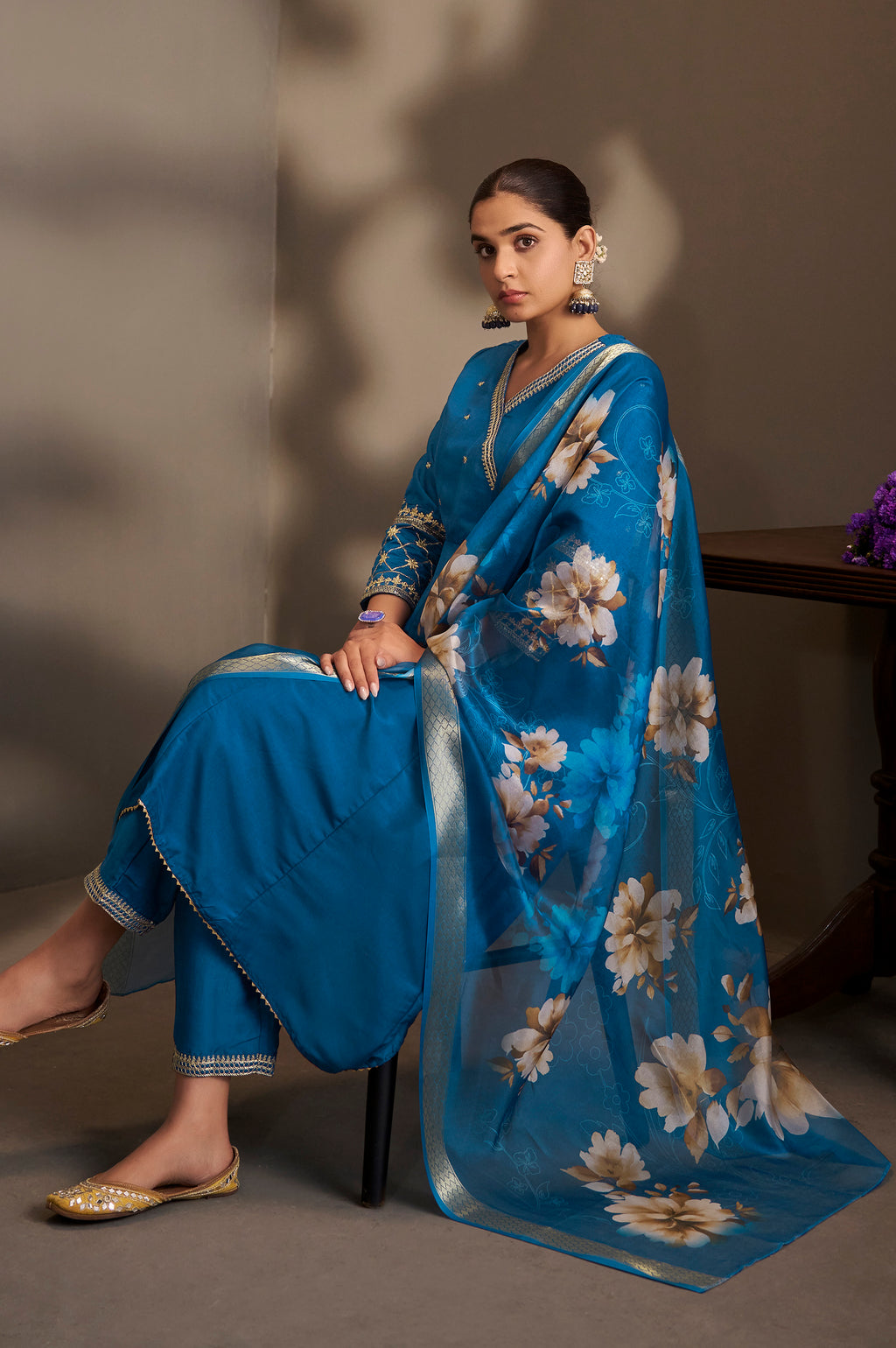 Blue Cotton Embroidered Straight Anarkali Kurta Set