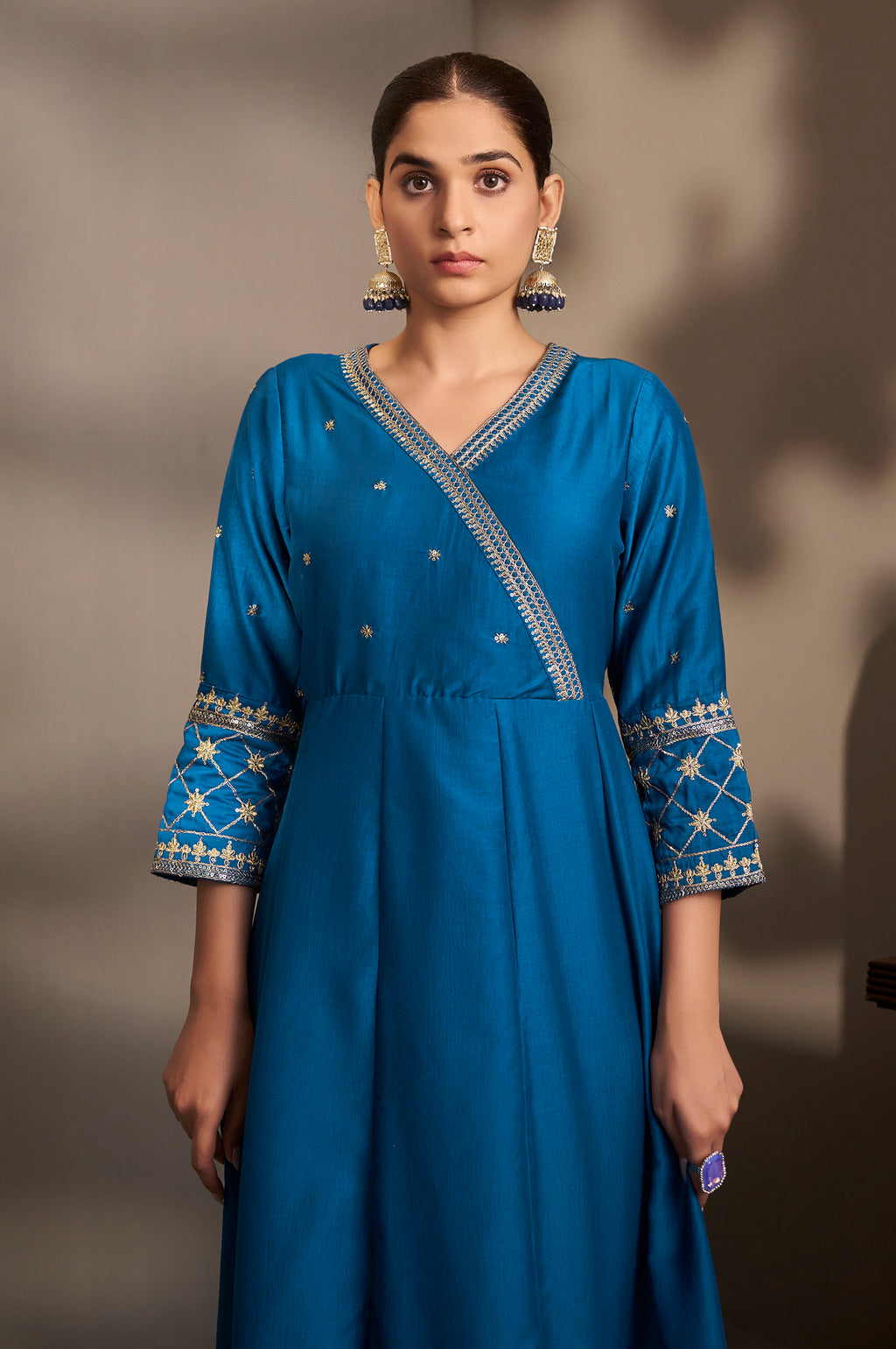 Blue Cotton Embroidered Straight Anarkali Kurta Set