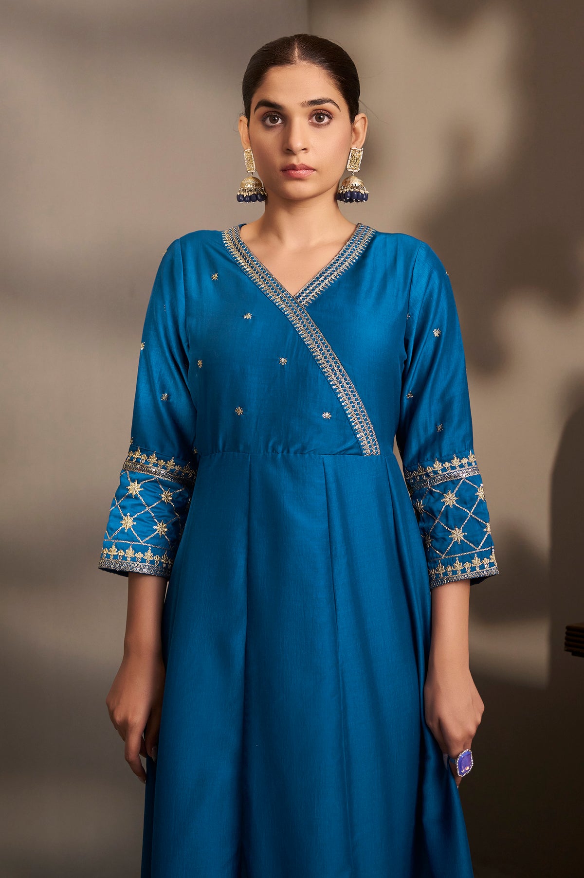 Blue Cotton Embroidered Straight Anarkali Kurta Set