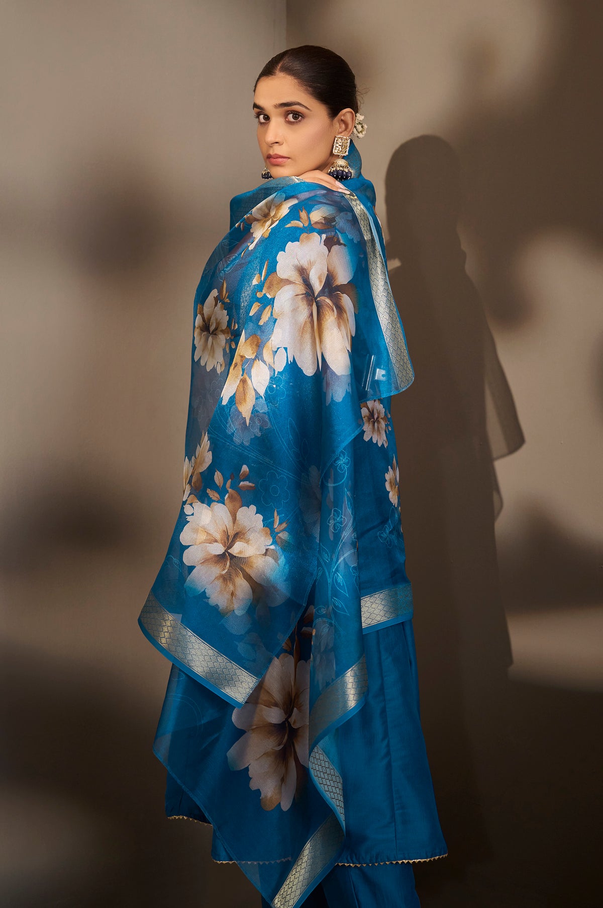 Blue Cotton Embroidered Straight Anarkali Kurta Set