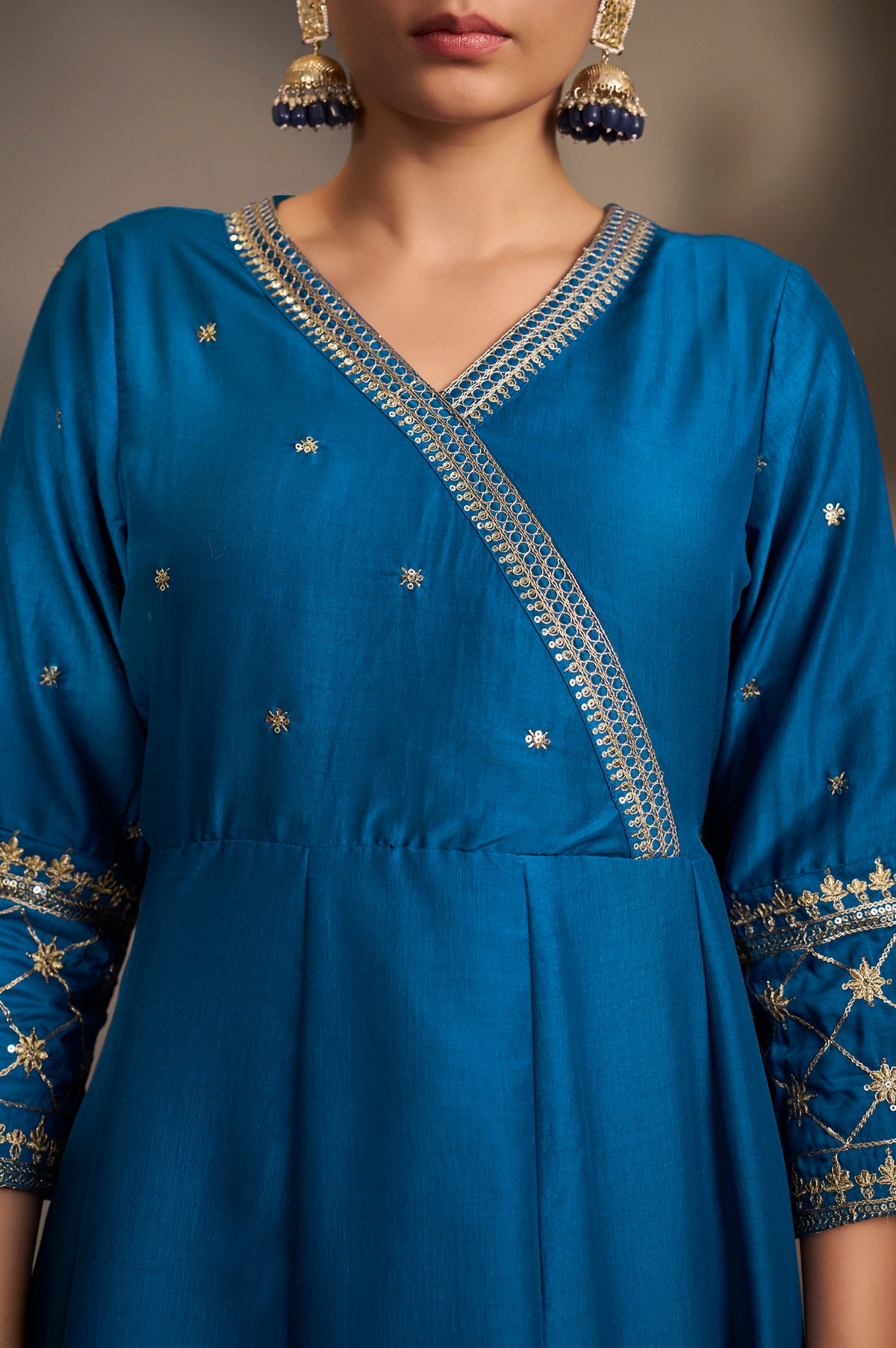 Blue Cotton Embroidered Straight Anarkali Kurta Set