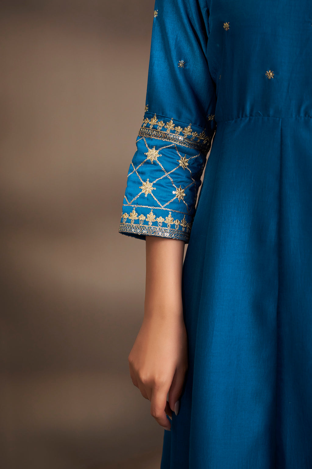 Blue Cotton Embroidered Straight Anarkali Kurta Set