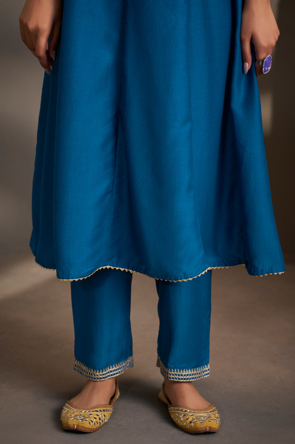 Blue Cotton Embroidered Straight Anarkali Kurta Set