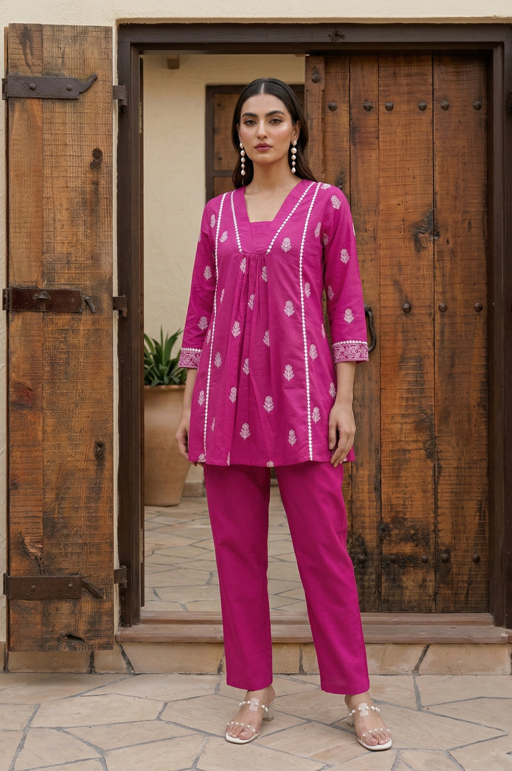 Pink pure cotton printed fit and flare co-ord set for women with matching pants