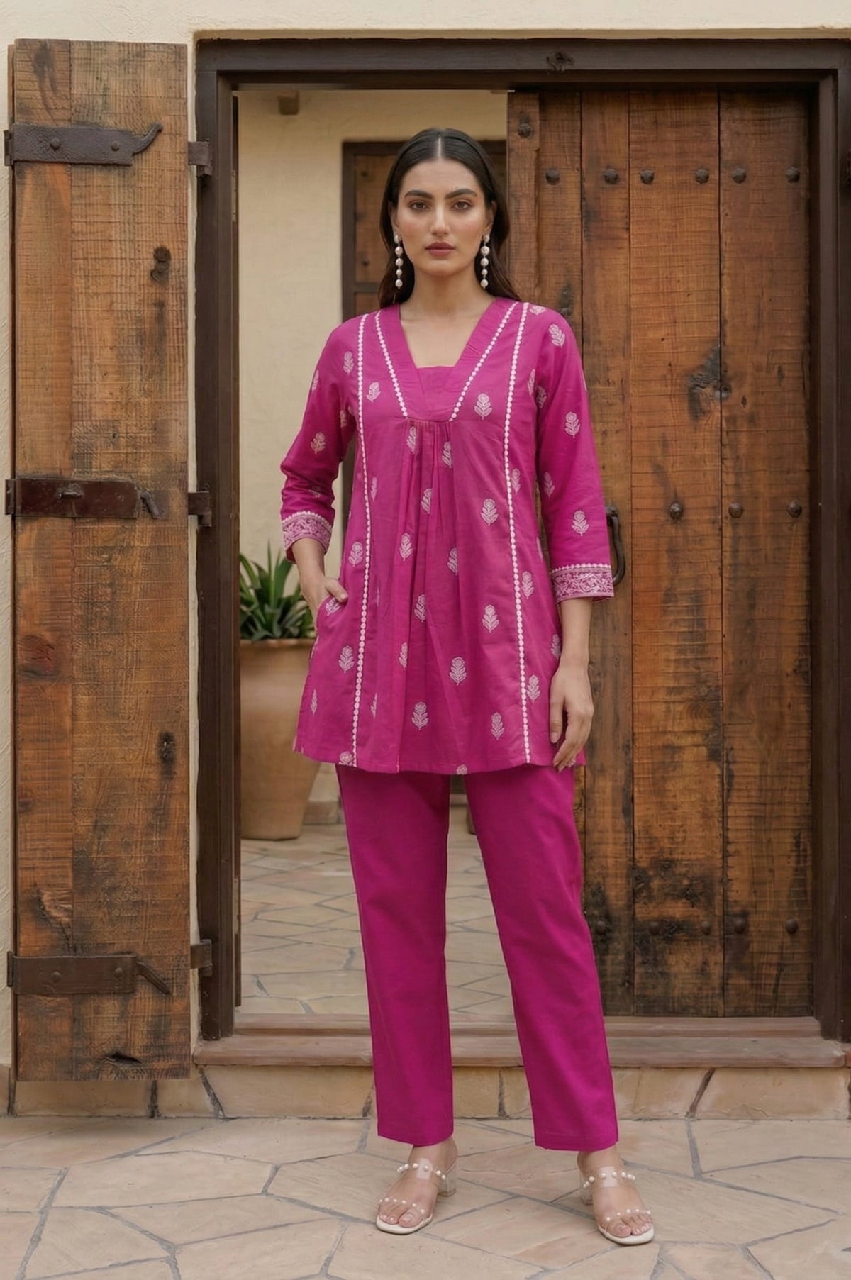 Navy Blue Pure Cotton Printed Fit & Flare Co-ord Set
