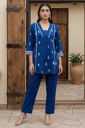 Navy blue pure cotton printed fit and flare co-ord set for women with matching pants