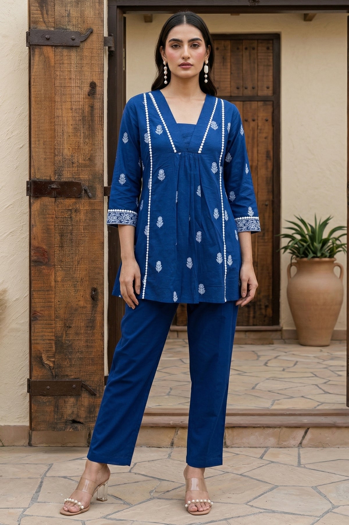 Navy blue pure cotton printed fit and flare co-ord set for women with matching pants