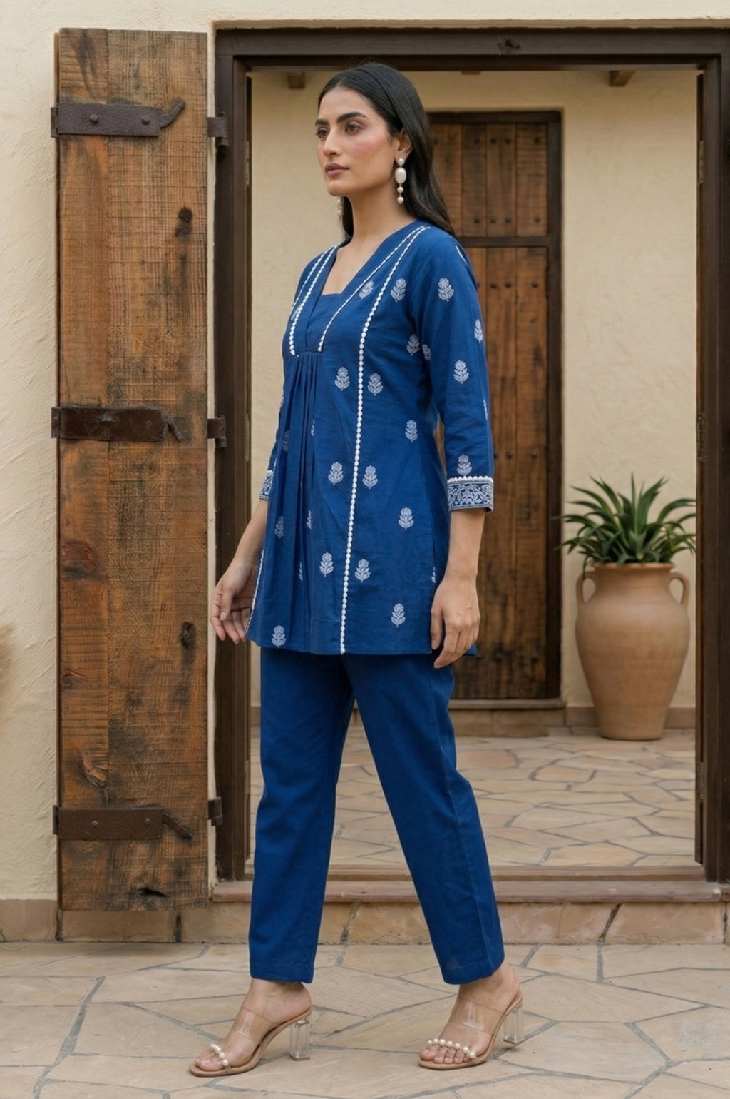 Navy Blue Pure Cotton Printed Fit & Flare Co-ord Set