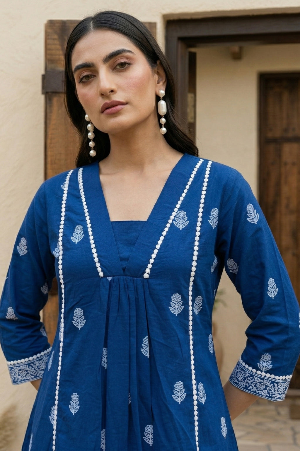 Navy Blue Pure Cotton Printed Fit & Flare Co-ord Set