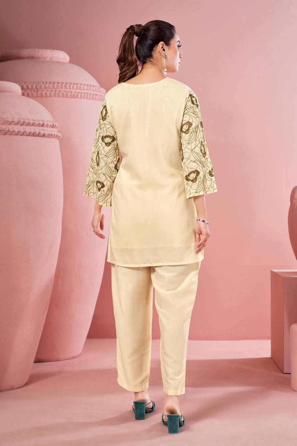 Cream Embroidered Cotton Co-Ord Set for Women