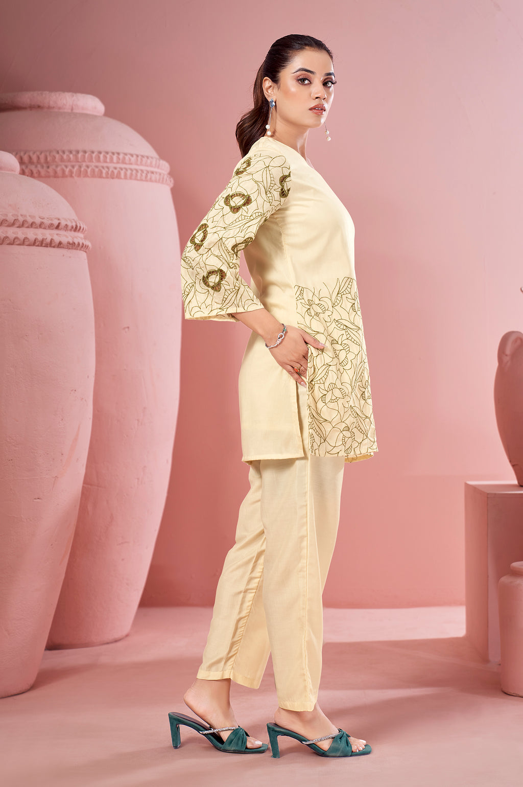 Cream Embroidered Cotton Co-Ord Set for Women