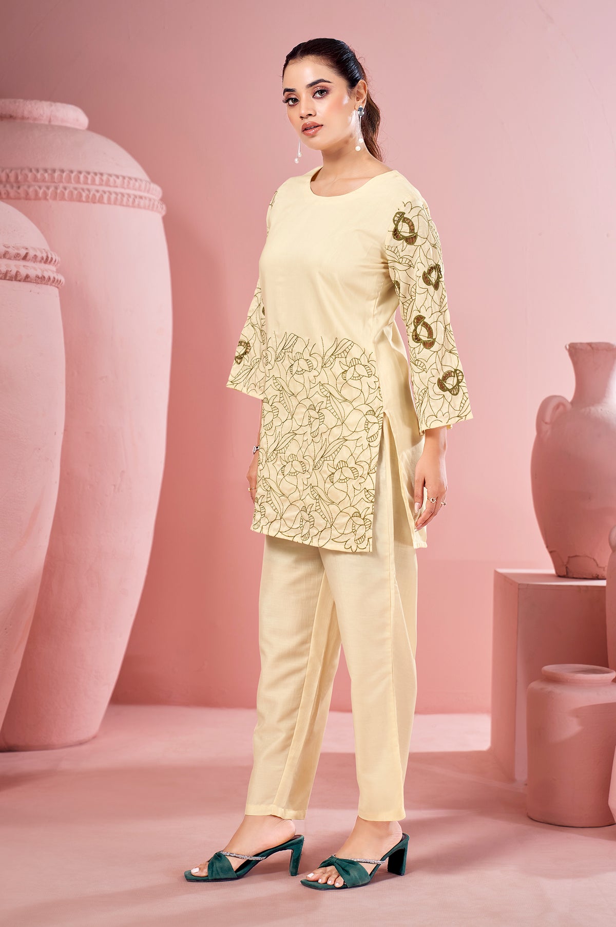 Cream Embroidered Cotton Co-Ord Set for Women