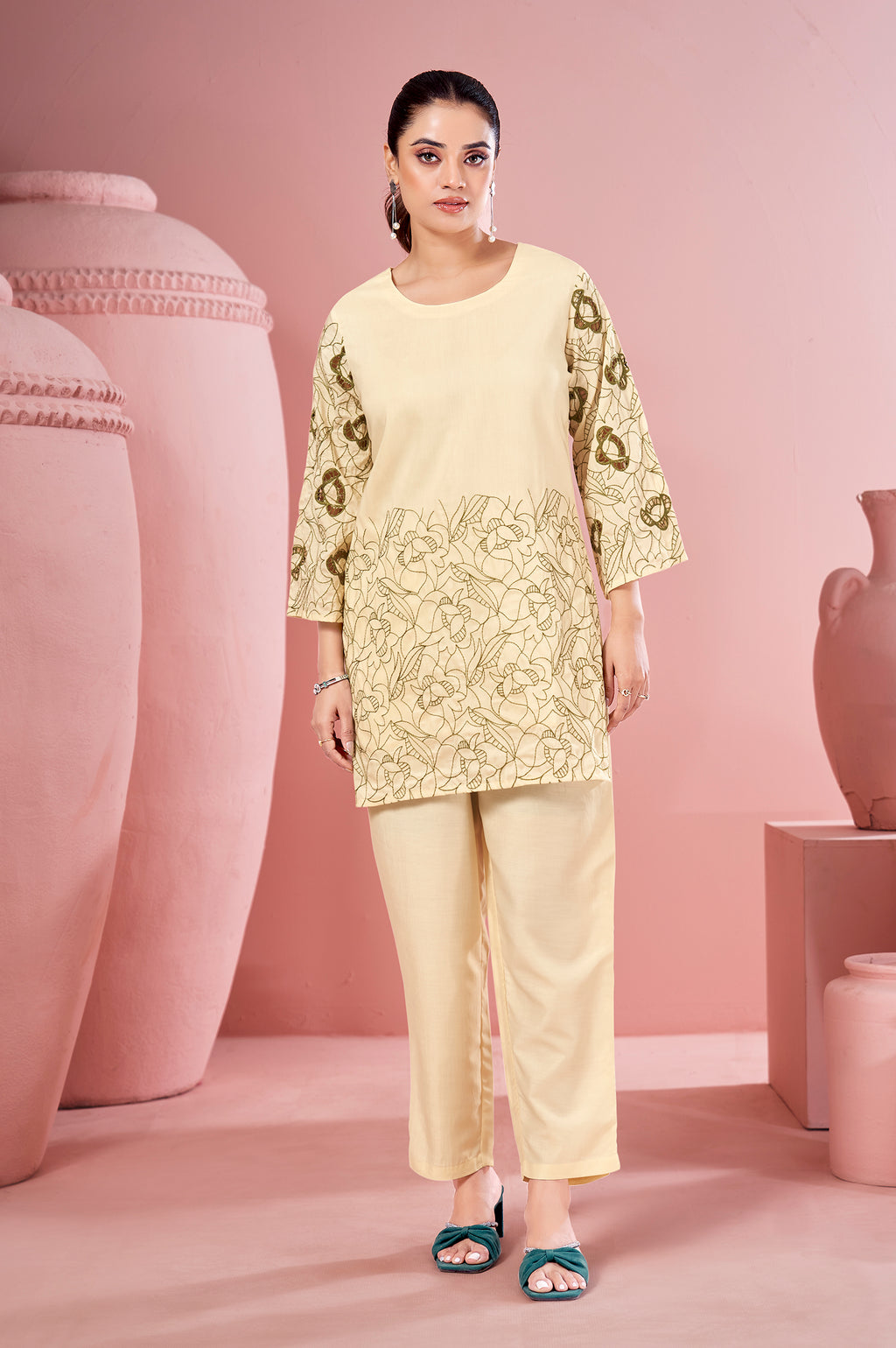 Cream Embroidered Cotton Co-Ord Set for Women